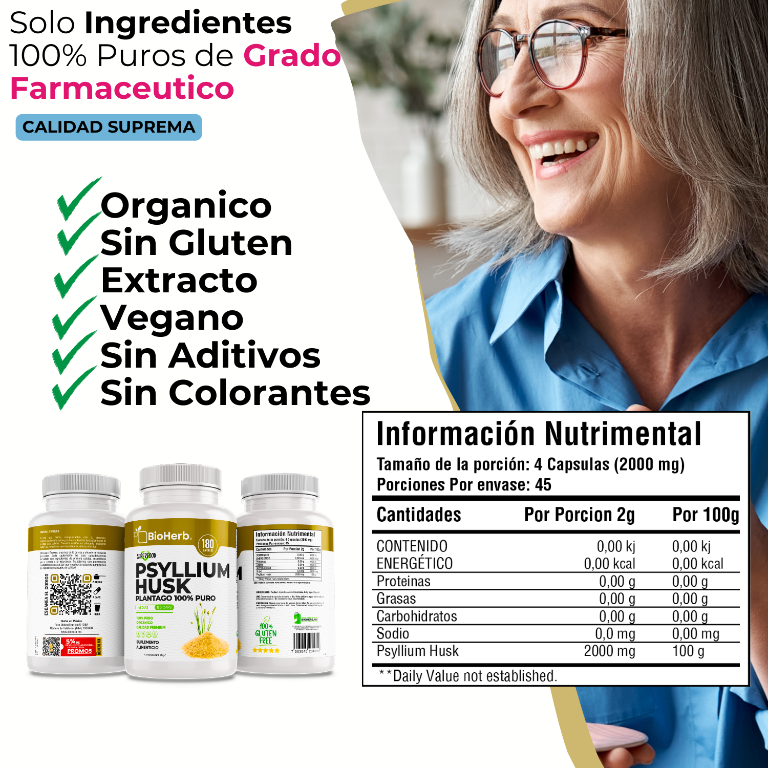 BioHerb® Psyllium Husk Plantago 100% Puro