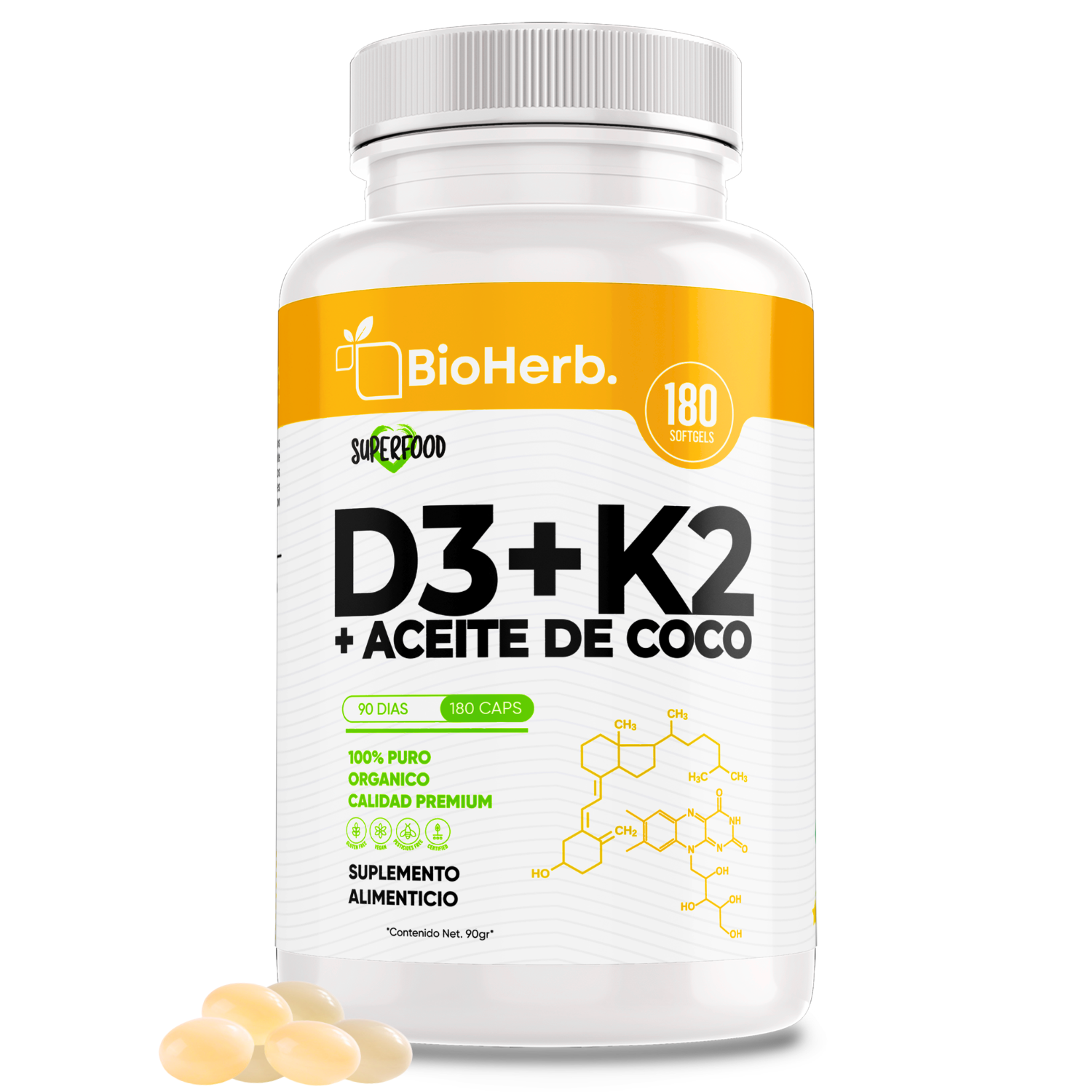 BioHerb® Vitamina D3 + K2 (MK-7) con Aceite de Coco, 400 UI D3 + 30 µg K2