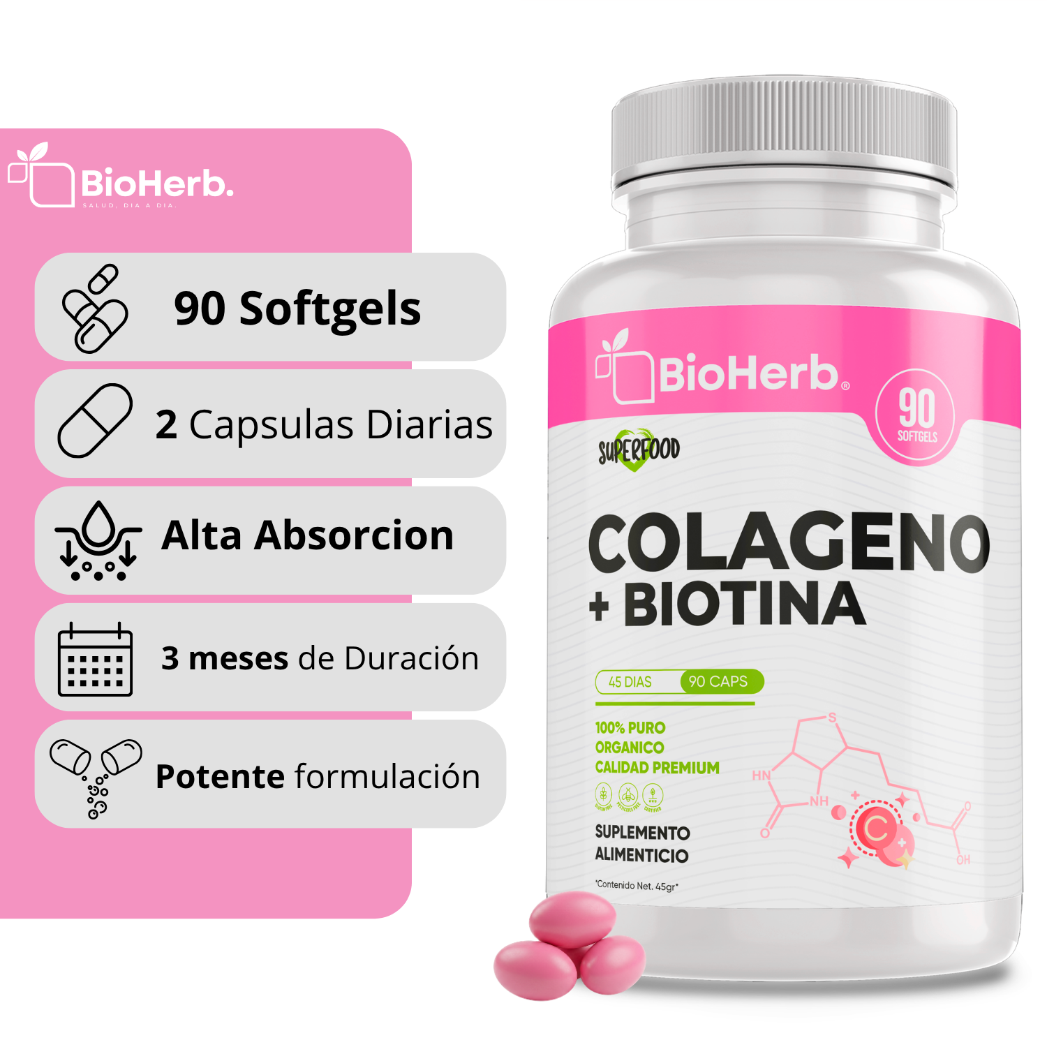 BioHerb® | Colágeno + Biotina en Softgels | Fórmula de Alta Concentración