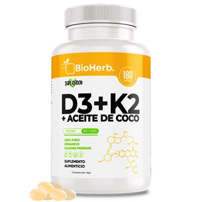 BioHerb® Vitamina D3 + K2 (MK-7) con Aceite de Coco, 400 UI D3 + 30 µg K2