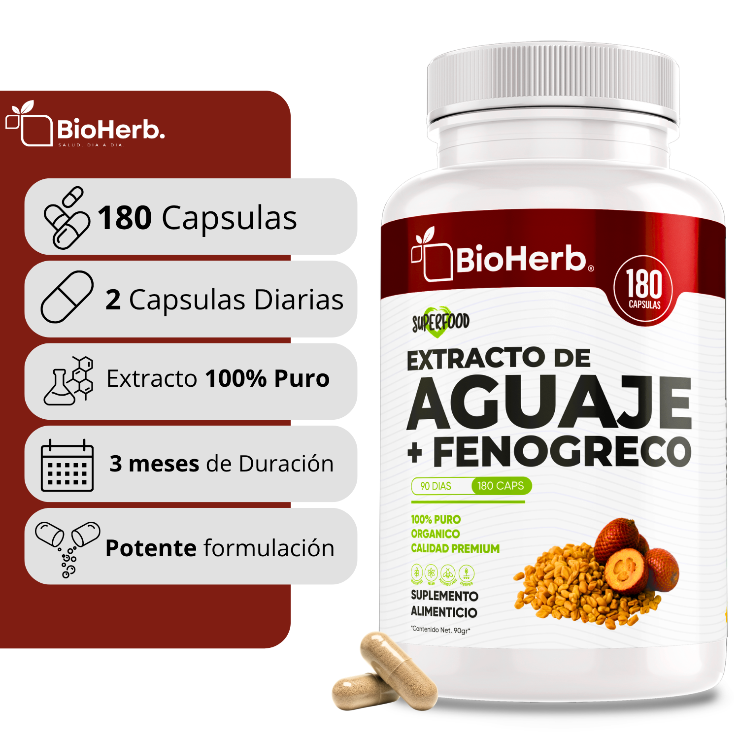 BioHerb® | Aguaje + Fenogreco | Fórmula Herbal Premium con Ingredientes de Origen Natural | 180 Cápsulas